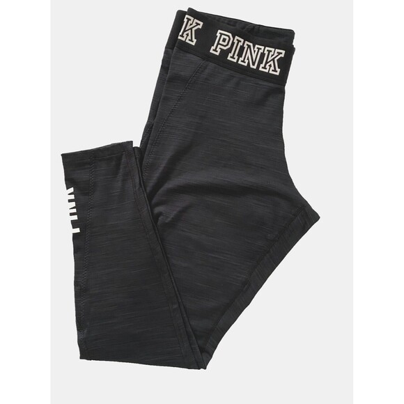 PINK Victoria's Secret Women Activewear‎ Black Leggings Size L Cropped Logo - Picture 1 of 7